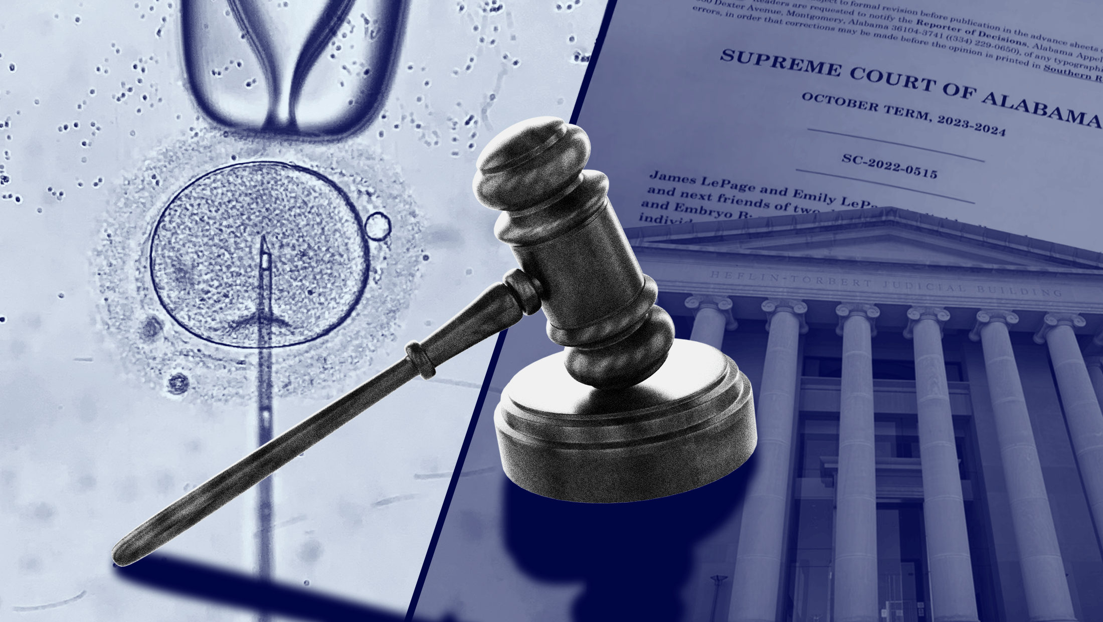 Blue background with image of invitro fertilization next to the Alabama Supreme Court's ruling on IVF with a grey gavel in the middle of both images.