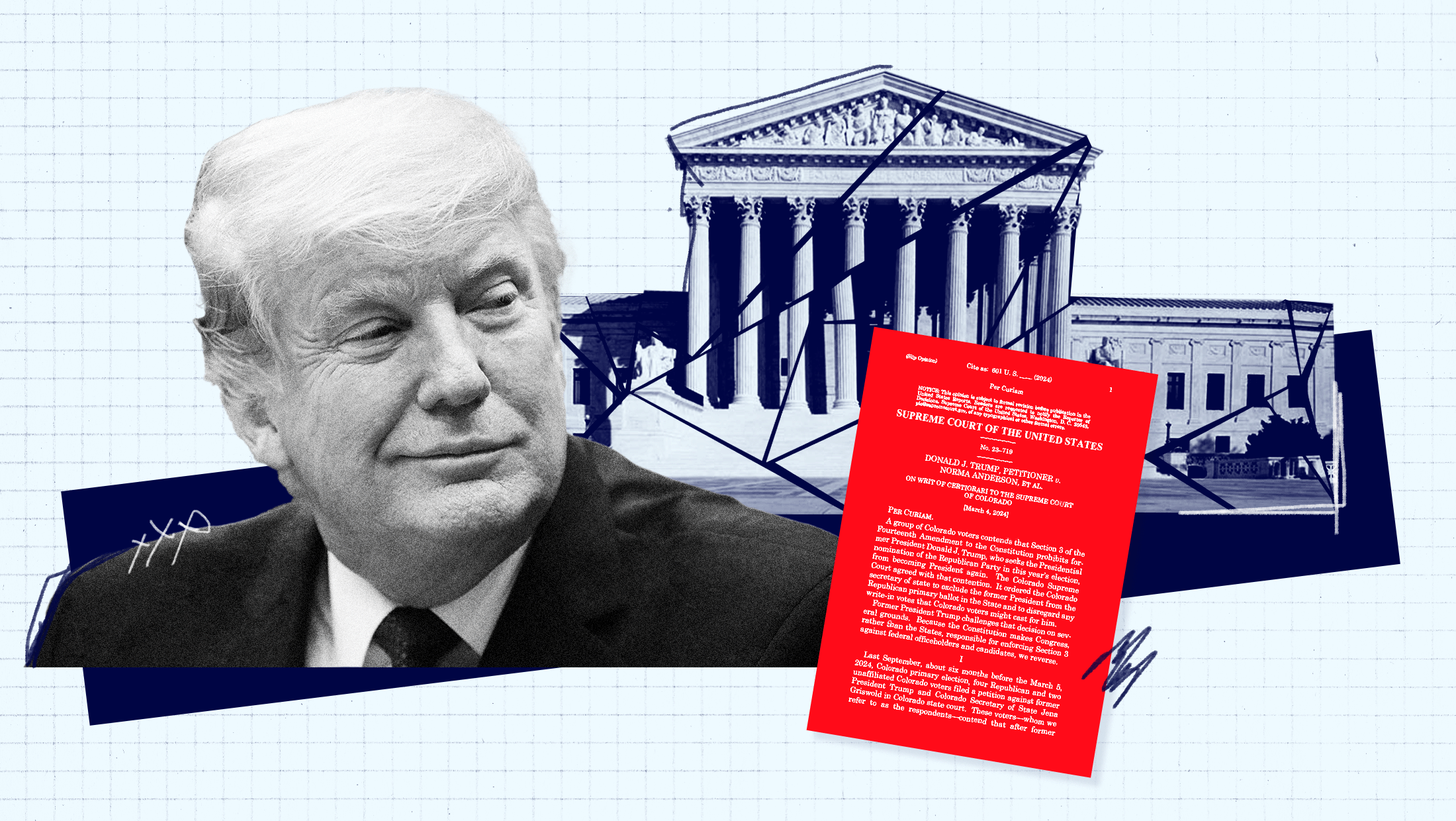 Light blue background with broken up image of the U.S. Supreme Court and Donald Trump looking over at the Court smirking and a red-toned document of the Supreme Court's decision in Anderson v. Trump, the 14th Amendment disqualification case.