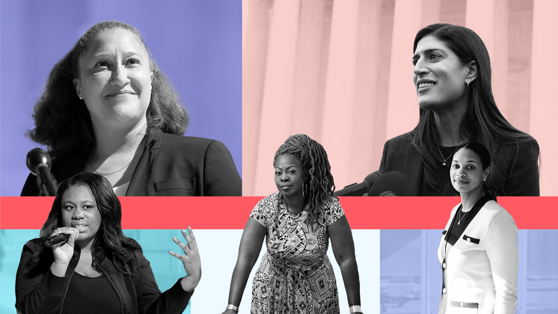 A collage of five women advocates and activists who are leading the fight for voting rights. On the top left is a black and white image of NAACP Legal Defense Fund Senior Counsel Leah Aden on a light purple background. To the right of Aden is a black and white image of Elias Law Group Partner Abbha Khanna on a light pink background. Below Aden and Khanna is a light red dividing line. Below the red line are three more black and white images of women advocates. Pictured from left to right is: Rise CEO Mary-Pat Hector on a teal background, Black Voters Matter co-founder LaTosha Brown and Elias Law Group Partner Aria Branch.