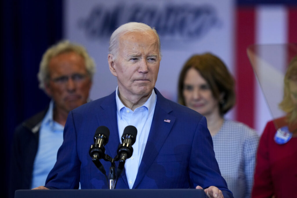 President Joe Biden speaks during a campaign event in Philadelphia, Thursday, April 18, 2024, with members of the Kennedy family. (AP Photo/Matt Rourke)