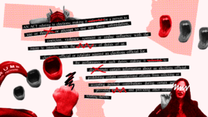 Light red background with black text boxes that quote parts of Nevada's recently enacted Election Worker Protection Law and scribbles over certain words to indicate that the law is being challenged by Republicans. Other elements include MAGA hats, an image of Sigal Chattah who ran for the Republican nomination for Nevada AG and someone holding up the middle finger.