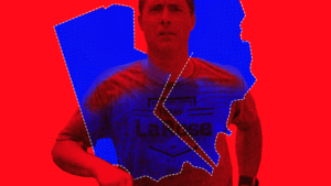 Red background with an image of Ohio Secretary of State Frank LaRose (R) running and a blue-toned image of the state of Ohio split in two with LaRose in the middle.