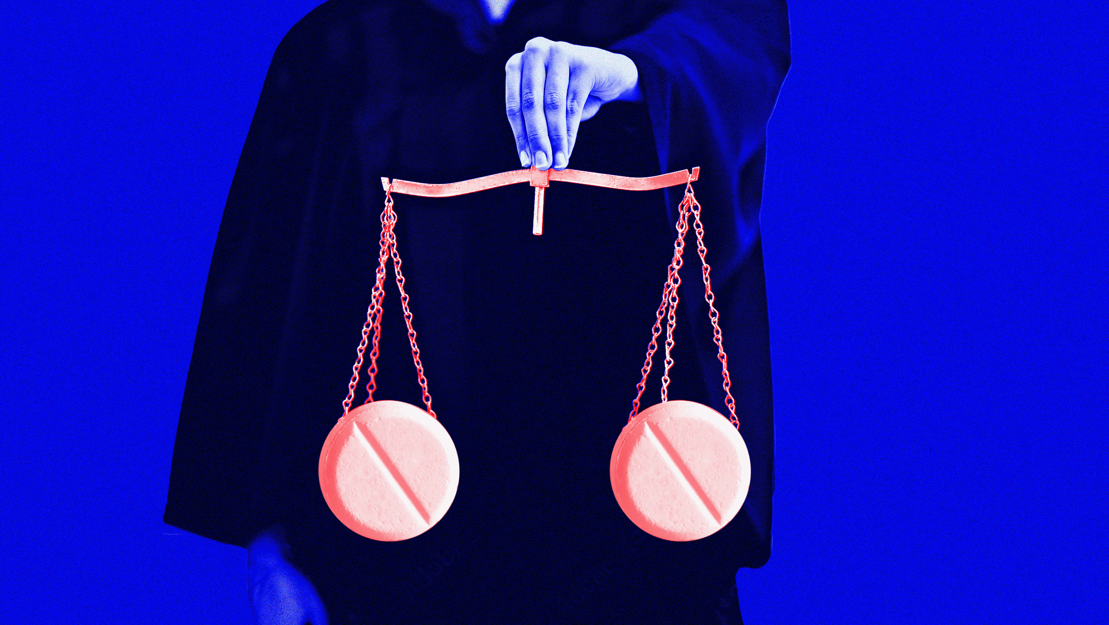 Blue background with image of Supreme Court justice holding a red-toned legal scale that has a pill on either side to symbolize the abortion pill, mifepristone.