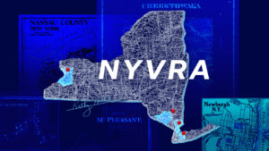 Map of New York over blue background. Overlaying the map are letters NYVRA in bold white lettering. Four areas of the map are shaded with light blue shading and inside each shaded area is a red pin marking a spot on the map. In the background there are partial maps of Nassau County, Cheektowaga, and Newburgh New York.