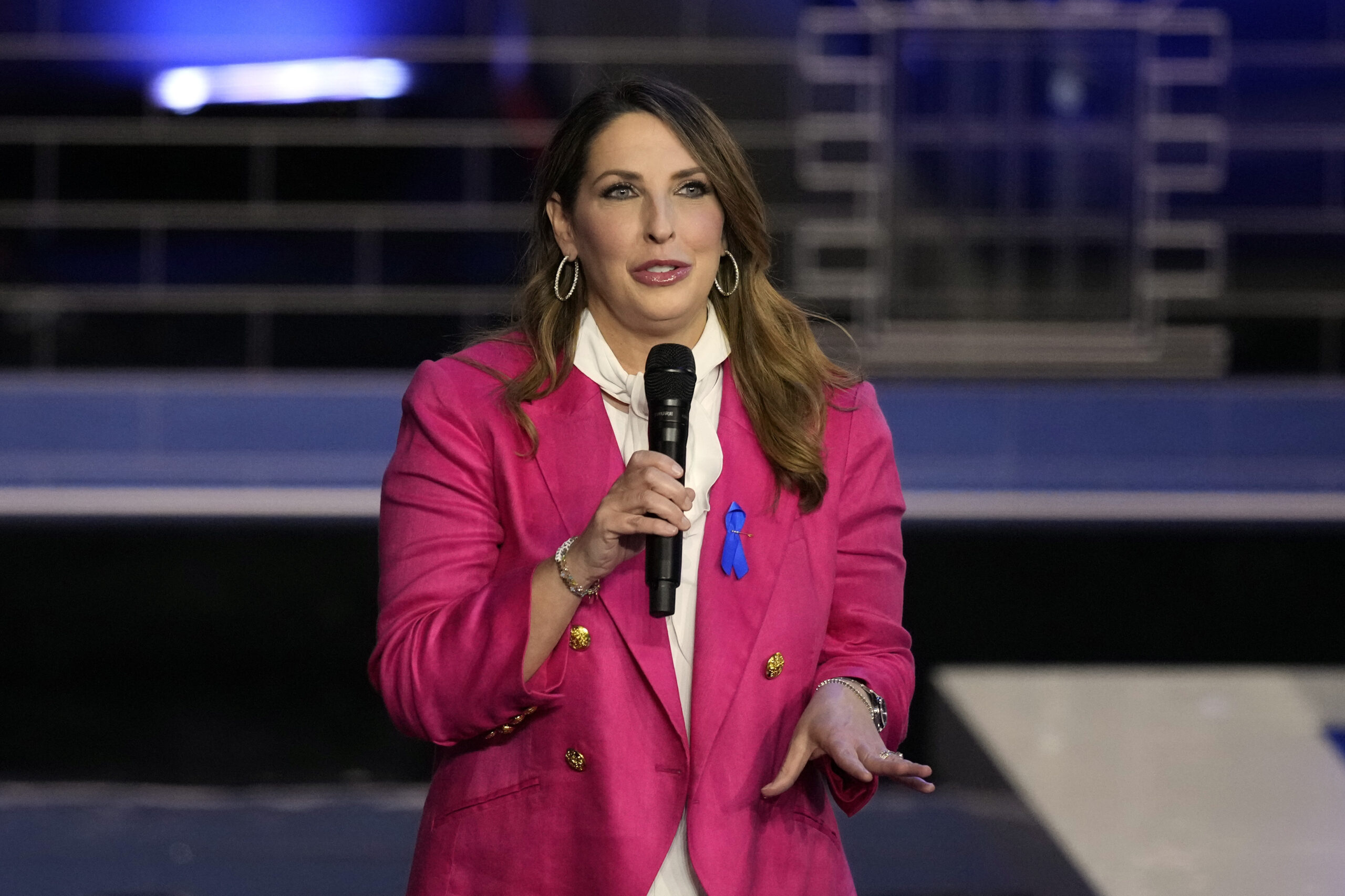 Republican National Committee chair Ronna McDaniel speaks before a Republican presidential primary debate hosted by NBC News, Nov. 8, 2023, at the Adrienne Arsht Center for the Performing Arts of Miami-Dade County in Miami. Former NBC News “Meet the Press” moderator Chuck Todd criticized his network Sunday, March 24, 2024, for hiring former Republican National Committee head McDaniel as a paid contributor, saying on the air that many NBC journalists are uncomfortable with the decision. (AP Photo/Rebecca Blackwell, File)