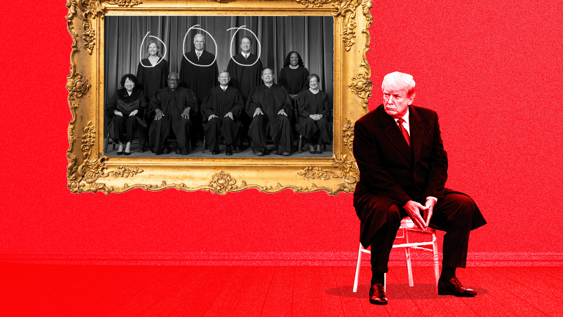Red background with an image of Donald Trump sitting on a white stool, in front of a photo of all nine justices, with Amy Coney Barrett, Neil Gorsuch and Brett Kavanaugh circled in the photo.