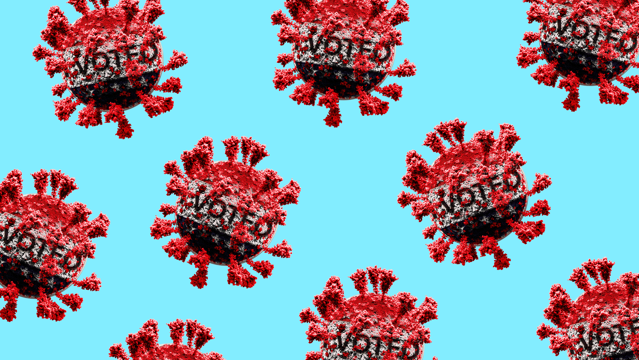 Blue background with red-toned viruses that say "VOTED" on them taking up the graphic.