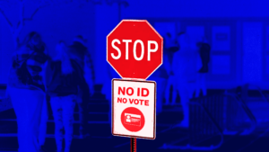 Blue background of voters waiting in line to vote with a red STOP sign above a sign that reads "NO ID NO VOTE"