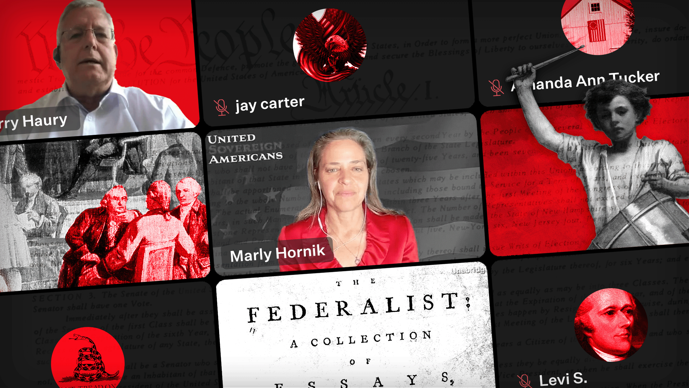 A Zoom screen featuring photos of United Sovereign Americans founders Marly Hornik and Harry Haury, along with images of a child with a snare drum, The Federalist Papers, and a graphic of Gadsden Flag snake.