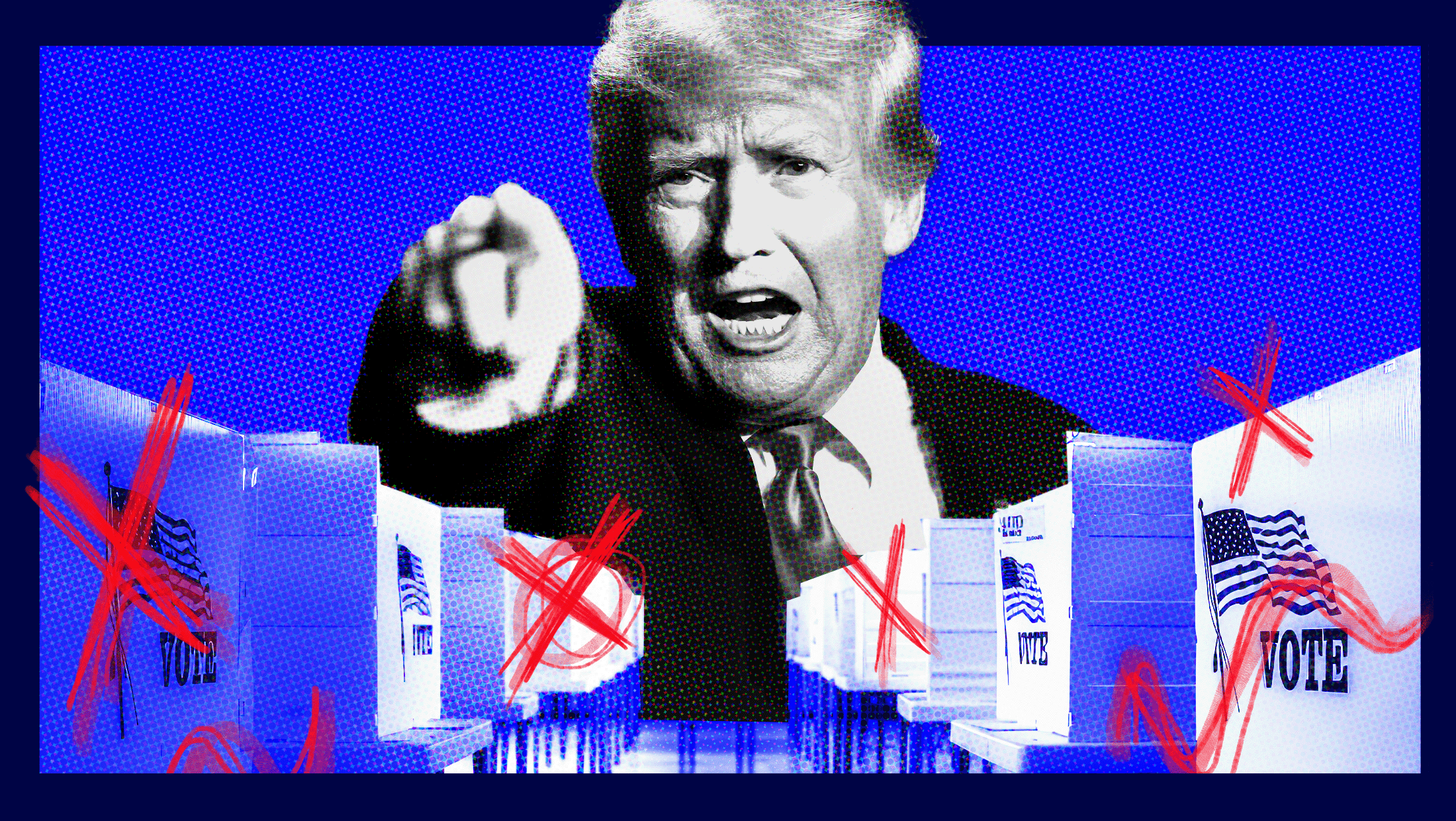 Blue background with image of Trump pointing at the viewer above a bunch of voting booths that have red X's on them.