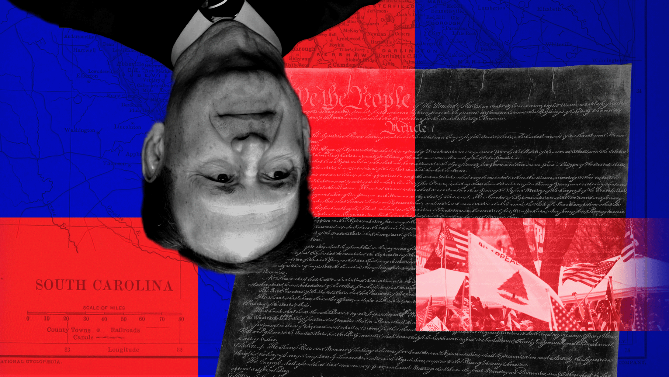 Sam Alito's headshot is upsidedown in the top left corner of the image. At the bottom left an image that says "South Carolina" is in a red square. On the right of Alito's upsidedown headshot is a black copy of the constitution. Overlaying the constitution is a red image of an "Appeal to Heaven" flag.
