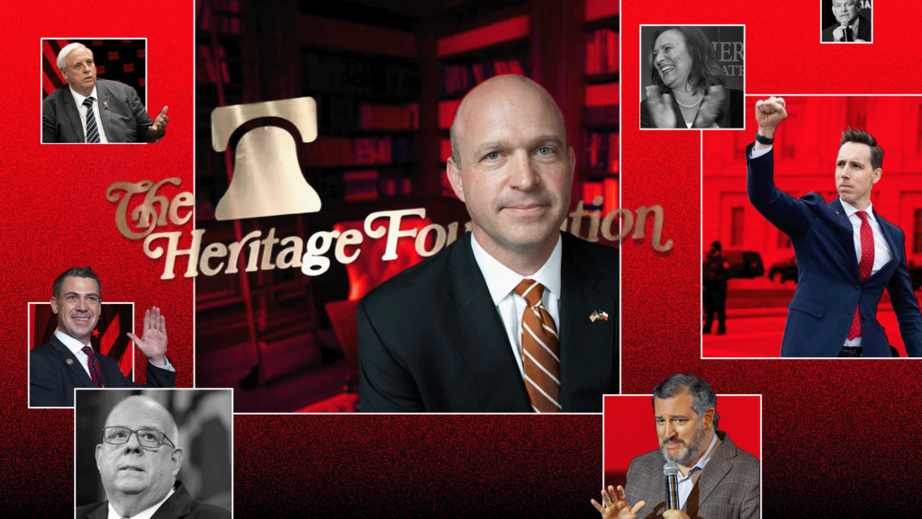 A photo of Kevin Roberts in front of The Heritage Foundation logo set against a red backdrop, with squares featuring images of Jim Justice, Jim Banks, Larry Hogan, Deb Fischer, Josh Hawley, Ted Cruz and David Schweikert.