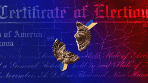 Blue and red gradient background with "Certificate of election" faded and a seal in the middle broken apart in two pieces.