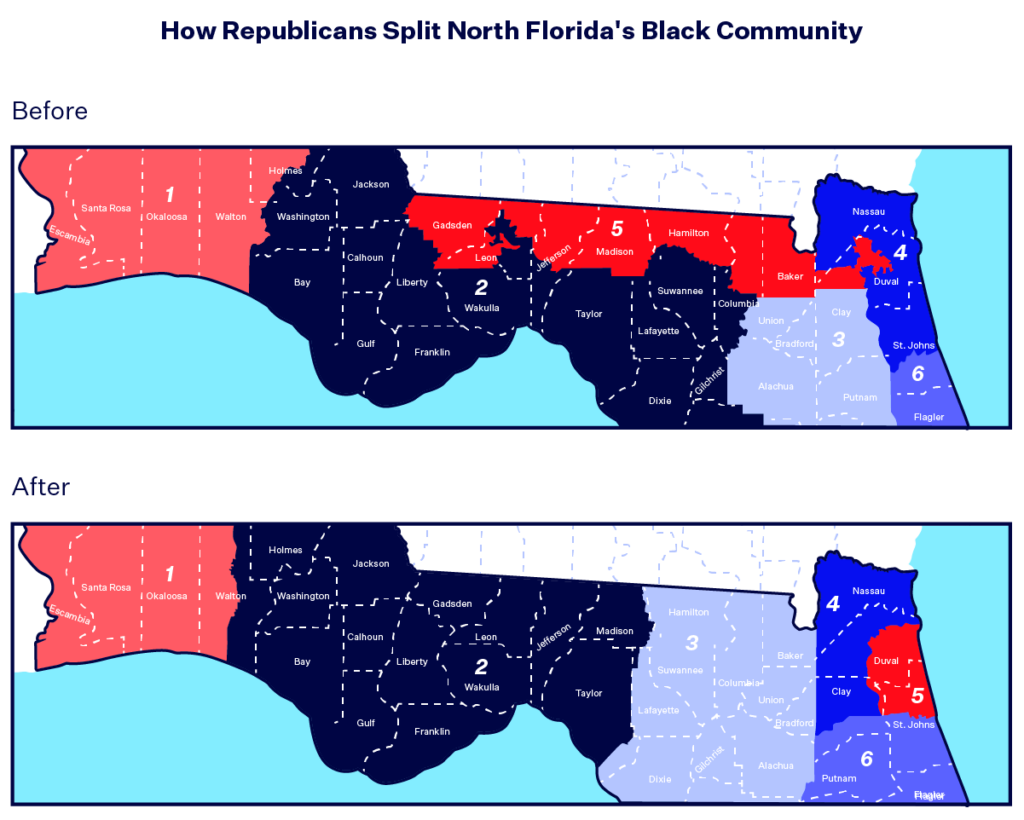 Image showing how Florida's historically-Black 5th Congressional District was split up by Gov. Ron DeSantis' congressional map. The image shows the district in red, alongside surrounding districts in navy blue, light red and teal.