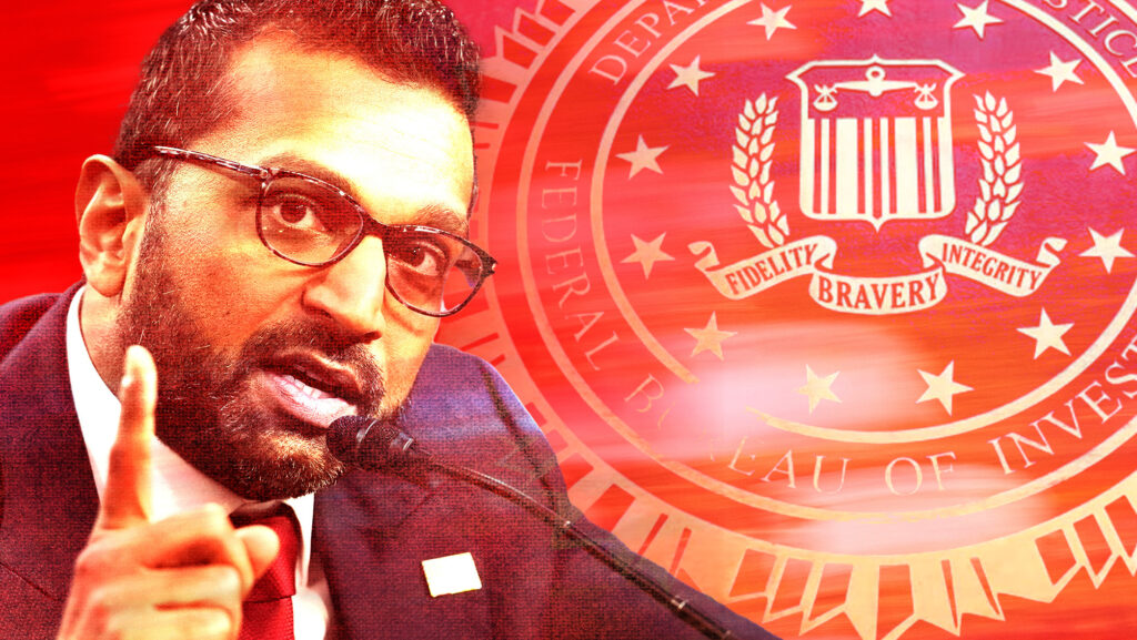 Red background with FBI seal and image of FBI Director Kash Patel. Kash Patel, President Donald Trump's choice to be director of the FBI, appears before the Senate Judiciary Committee for his confirmation hearing, at the Capitol in Washington, Thursday, Jan. 30, 2025. (AP Photo/J. Scott Applewhite)