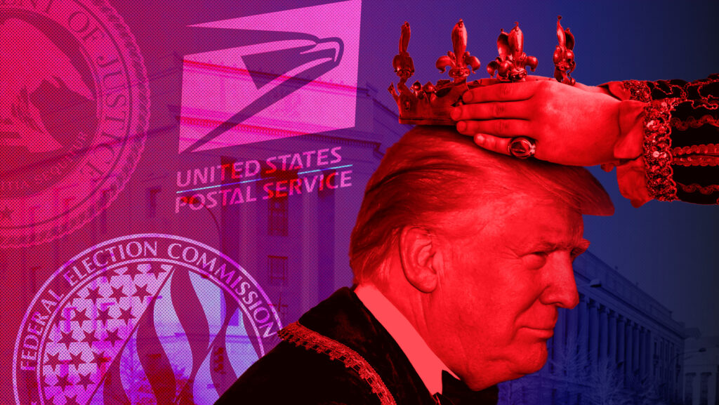 Trump being crowned with the Postal Service's logo, the Federal Eleections Commission's logo and the Department of Justice in the background.