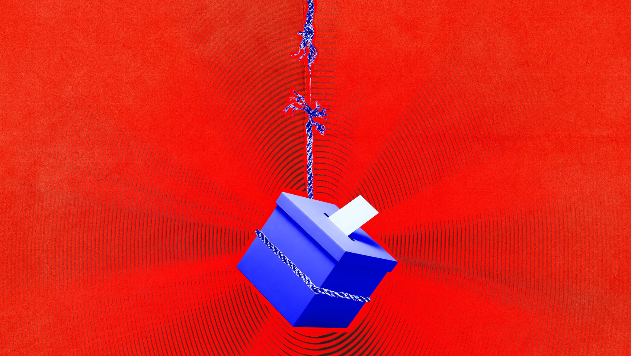 Red background with blue ballot box hanging by a thread.