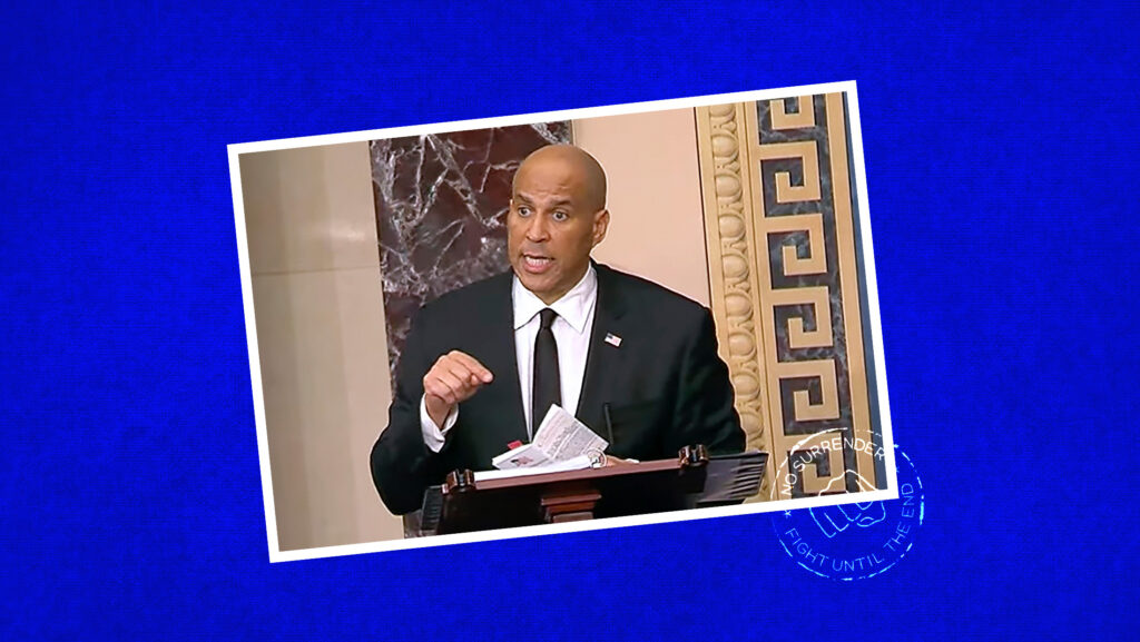 Blue background with image of Sen. Cory Booker speaking on the Senate floor during his 25-hour speech and a seal over the image that says "NO SURRENDER FIGHT UNDER THE END" with a fist.