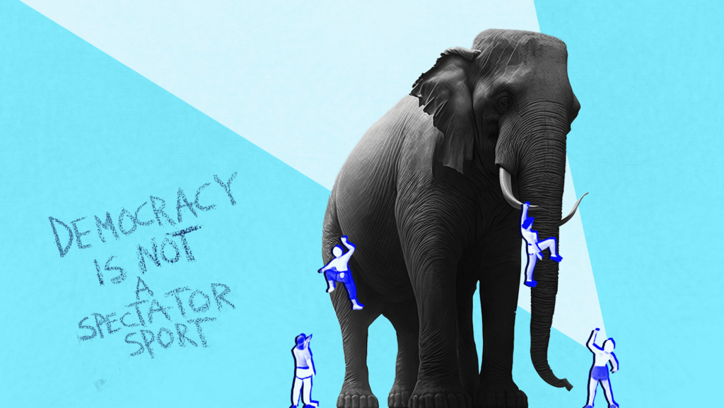 Light blue background with big elephant and people climbing it and "democracy is not a spectator sport" written in chalk next to the elephant.