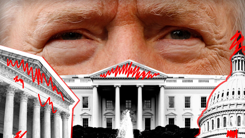 Trump's face looming over the White House, Supreme Court and Capitol.