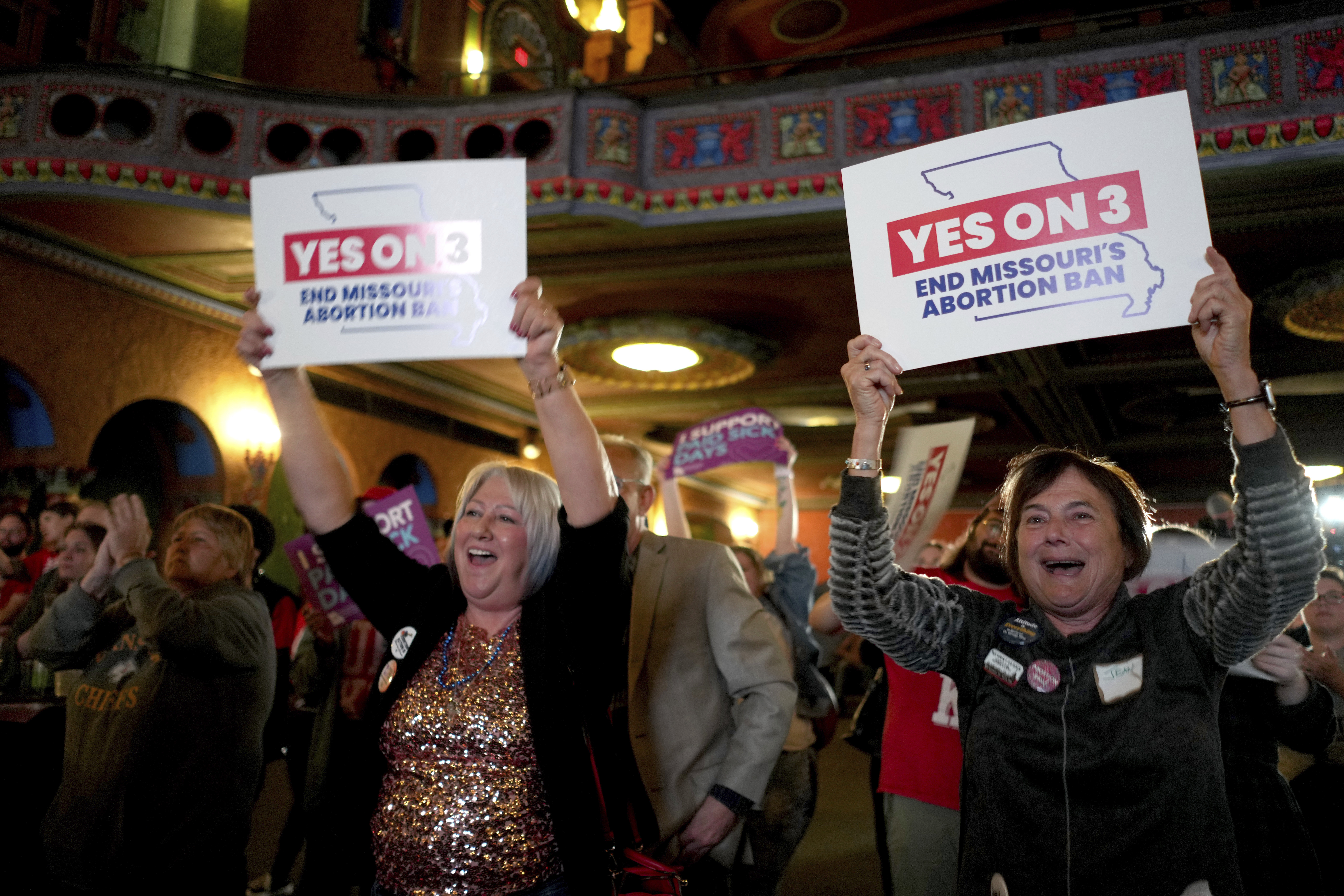 People at an election night watch party react after an abortion rights amendment to the Missouri constitution passed, Tuesday, Nov. 5, 2024, in Kansas City, Mo. (AP Photo/Charlie Riedel)