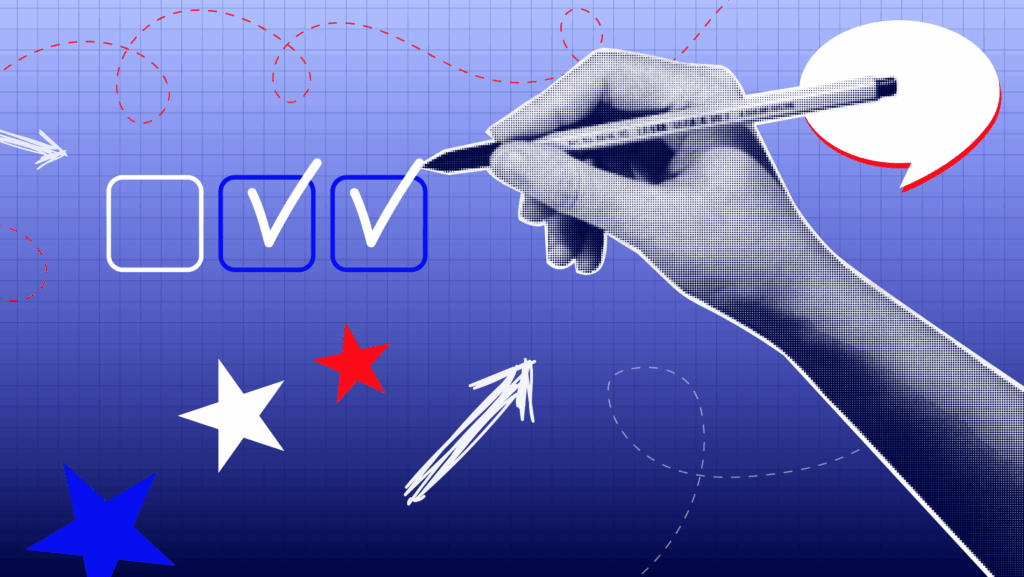 Dark blue gradient background with three checkboxes and someone holding a pencil and checking off two of the boxes.