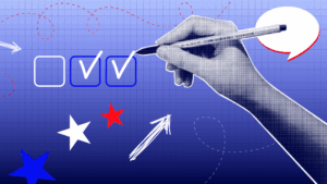 Dark blue gradient background with three checkboxes and someone holding a pencil and checking off two of the boxes.