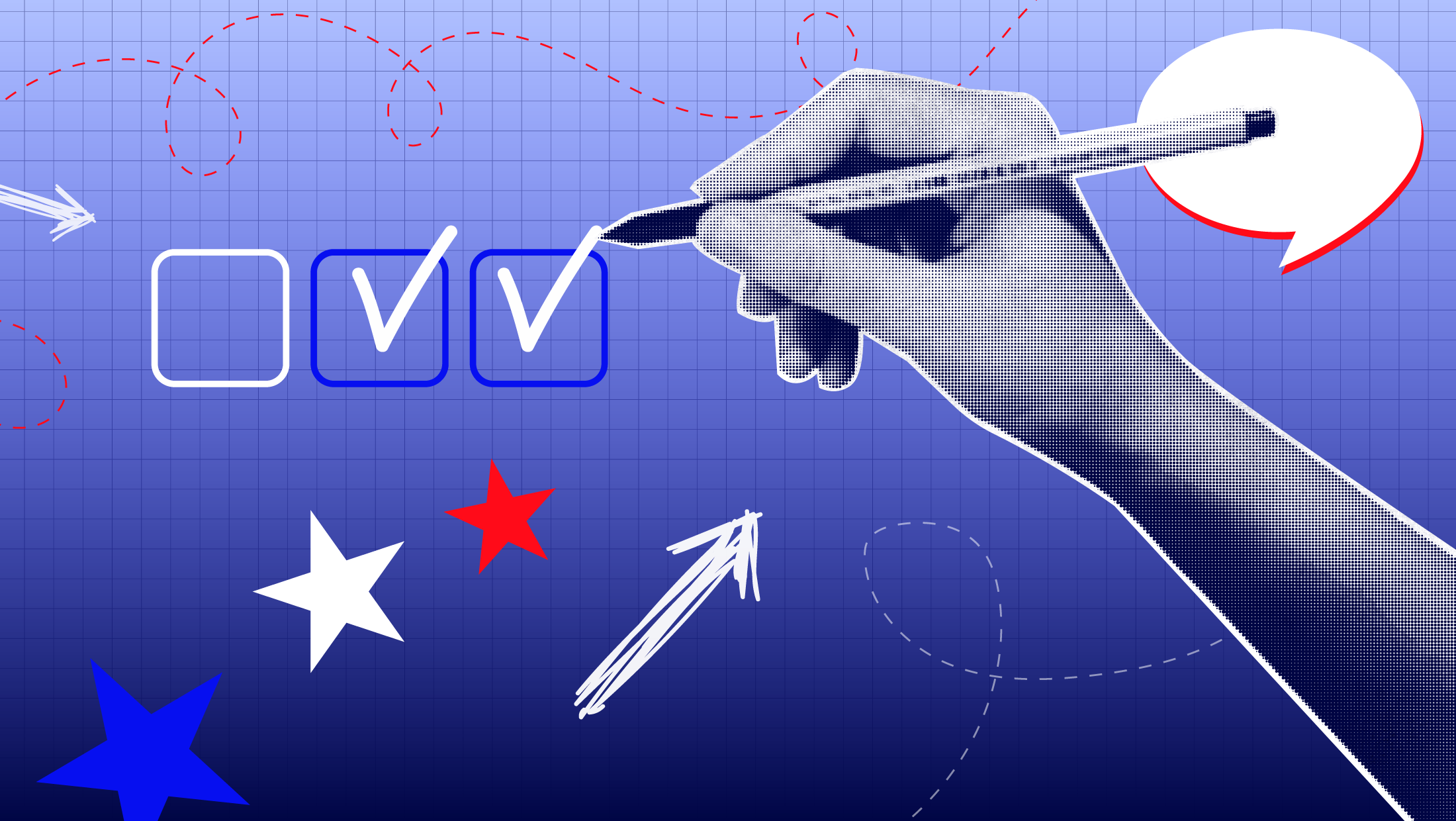 Dark blue gradient background with three checkboxes and someone holding a pencil and checking off two of the boxes.