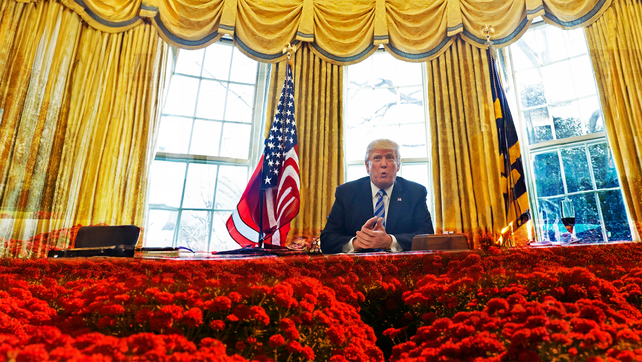 Trump in the Oval Office with roses