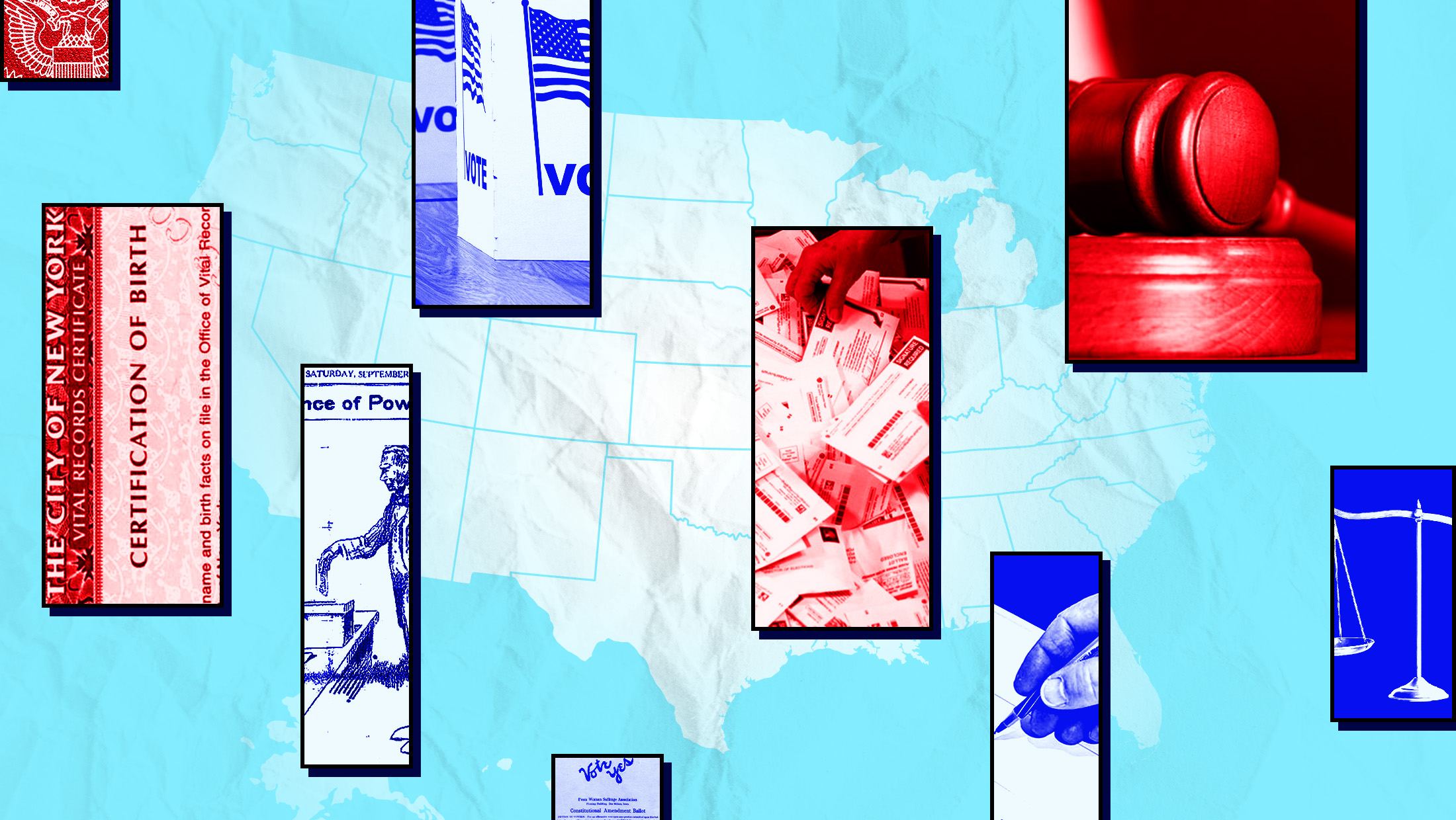 A map of the United States along with voting-related images.