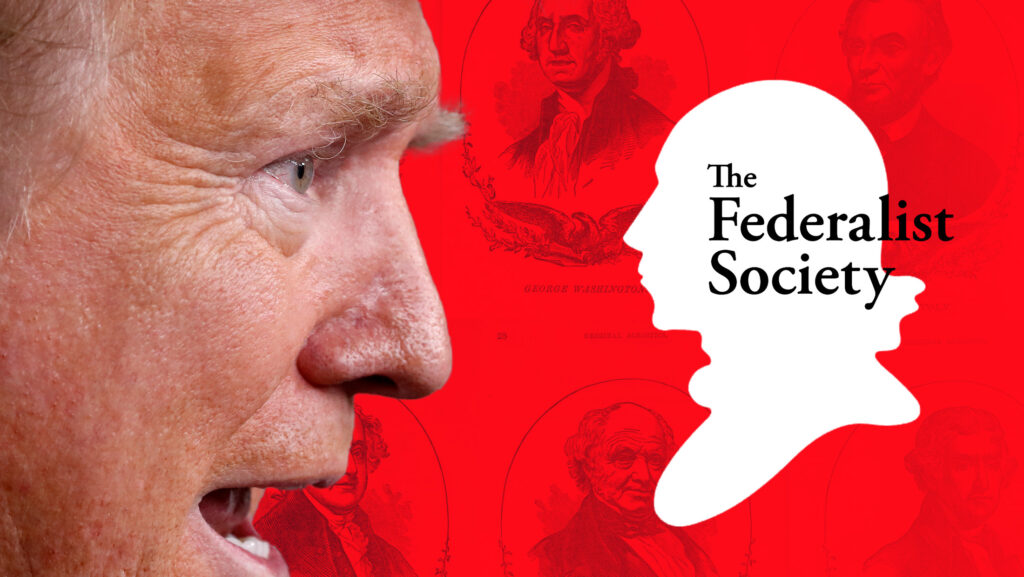 Trump side-profile with Federalist Society logo and red background