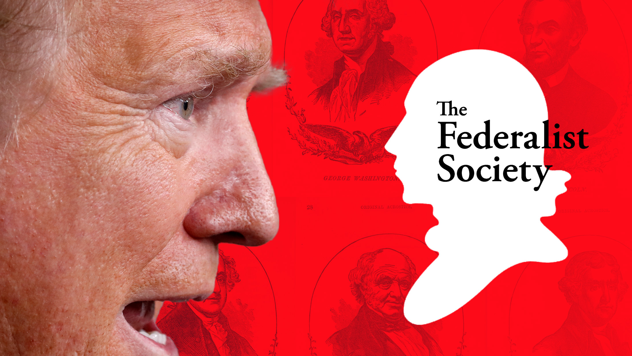Trump side-profile with Federalist Society logo and red background
