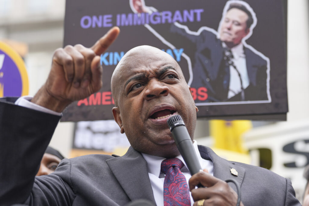 Newark Mayor Ras Baraka speaks to supporters and media after a court appearance in Newark, N.J., Thursday, May 15, 2025.