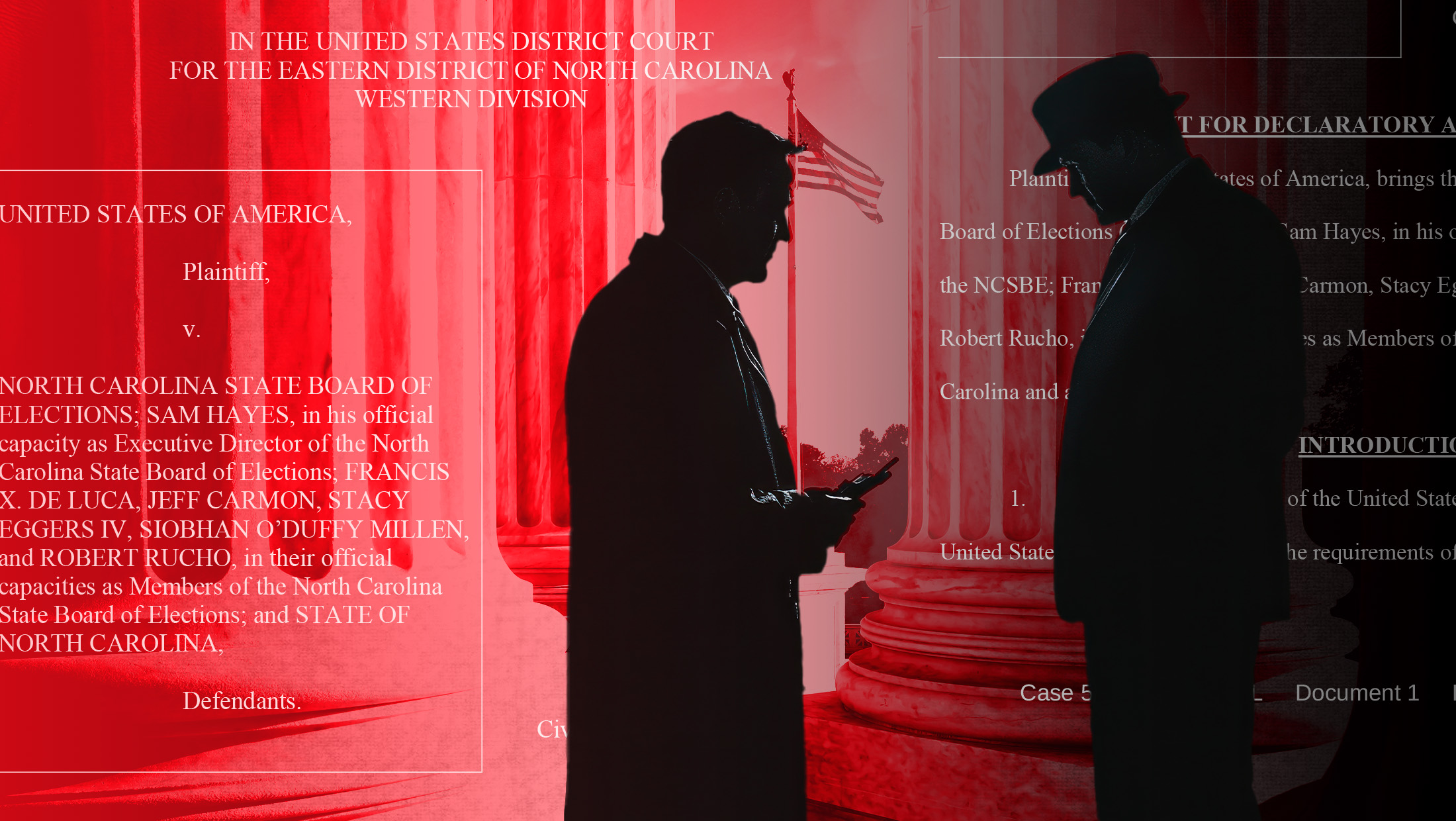 court document with red background with the shadow of two men colluding