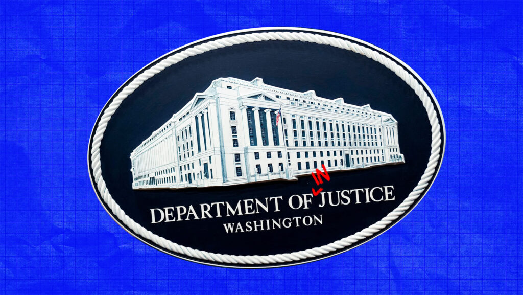 Department of Justice logo, red "IN" with carrot, with blue background