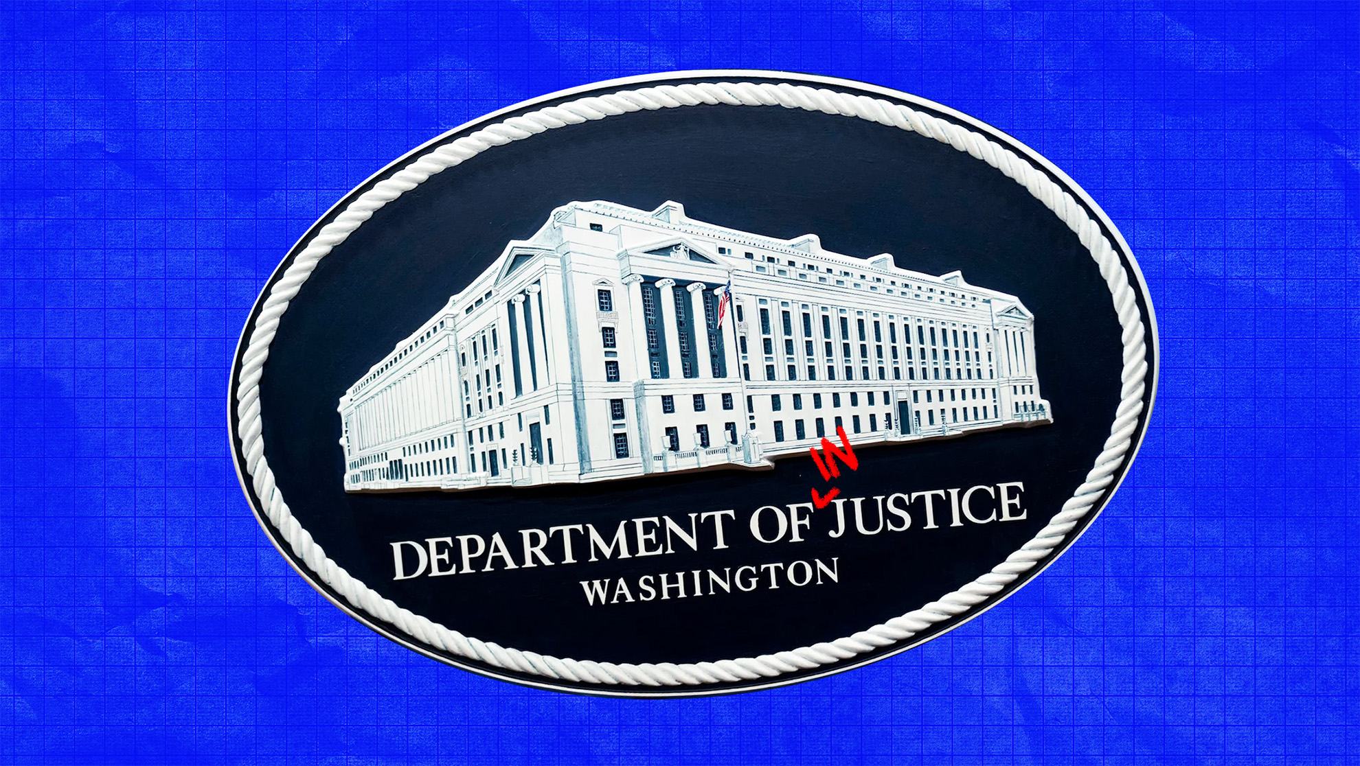 Department of Justice logo, red "IN" with carrot, with blue background