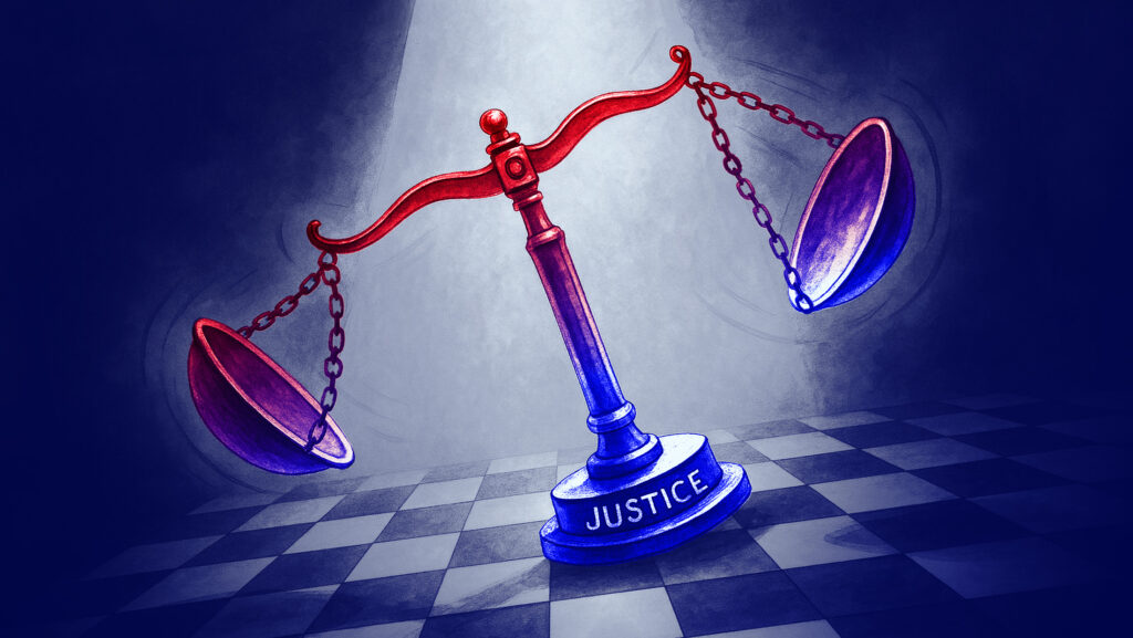 A scale of justice tipping over on a checkered floor.