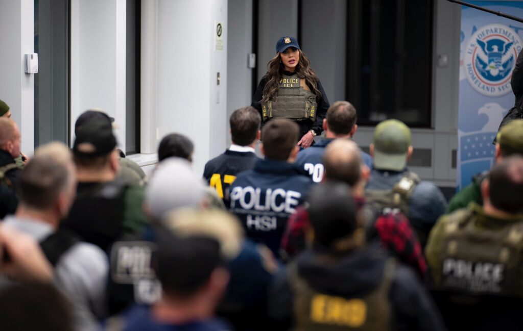 Department of Homeland Security Secretary Kristi Noem addressing federal officials in New York City.