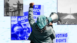 Then versus now voting rights graphic with blue Texas map background.