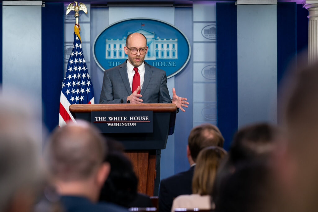 Russell Vought speaking in the briefing room.