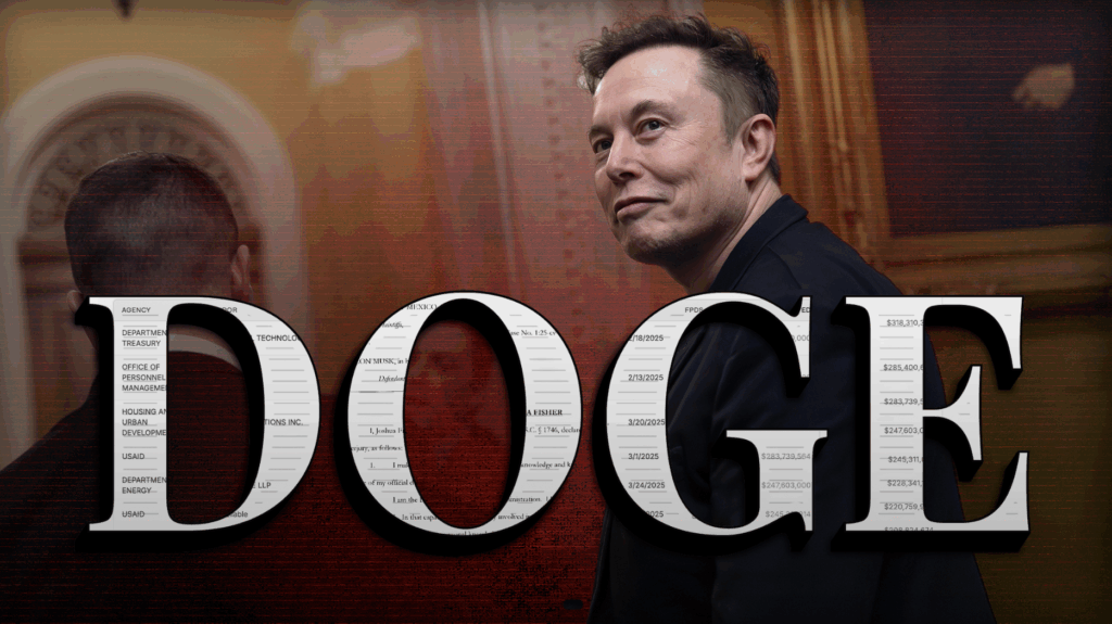 Elon Musk in the Capitol with "DOGE" in large font in front of him.