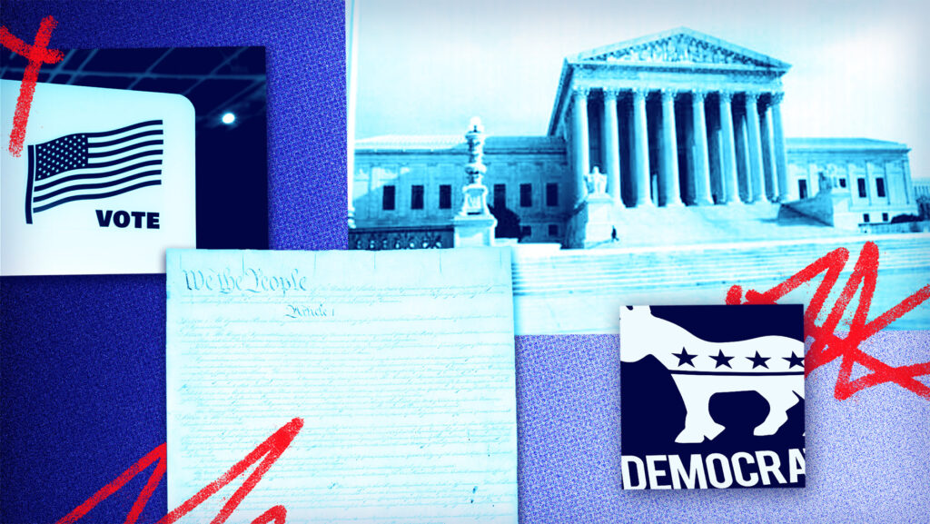 Supreme Court, Constitution, Vote, and Democrat signs with blue background