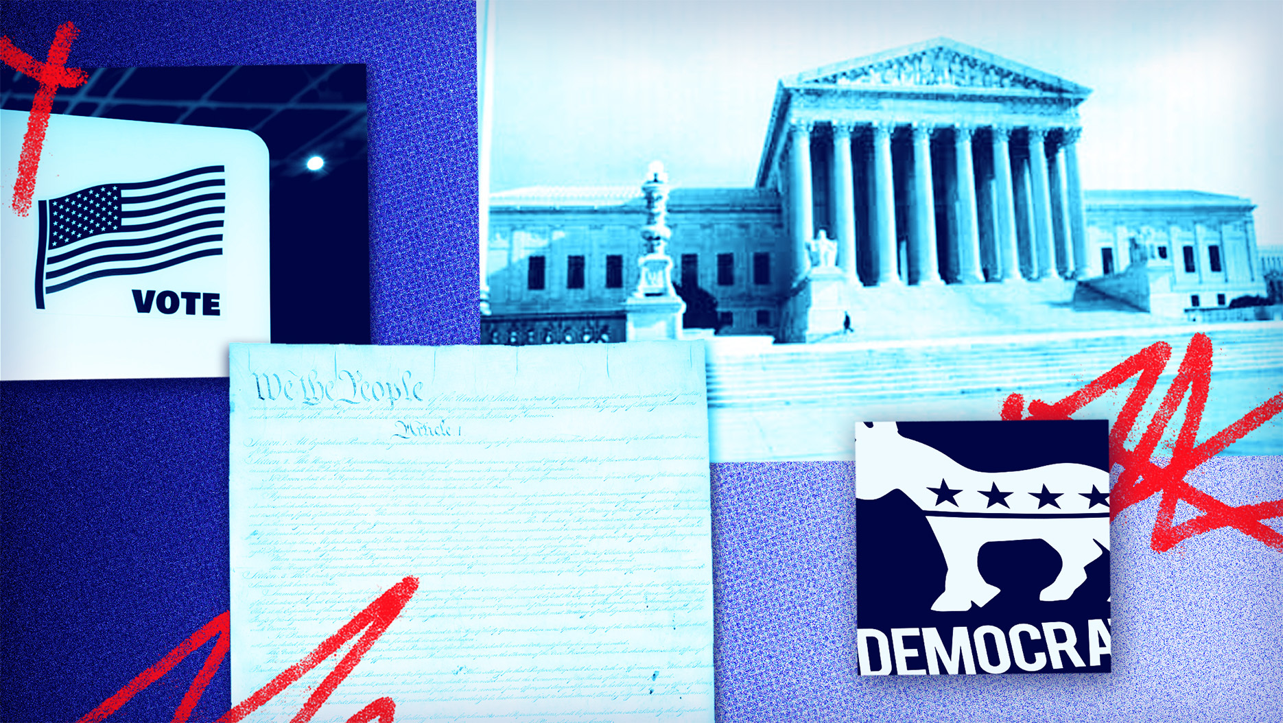 Supreme Court, Constitution, Vote, and Democrat signs with blue background