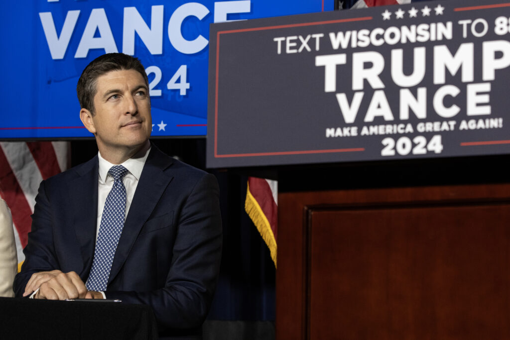 Congressman Bryan Steil (R-WI) endorsing Donald Trump at a press conference on October 1, 2024 in Milwaukee, Wisconsin. (Photo by Jim Vondruska/Getty Images)
