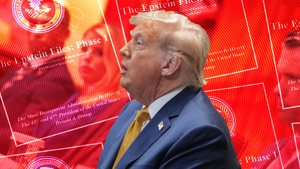 Trump with red background and Epstein files