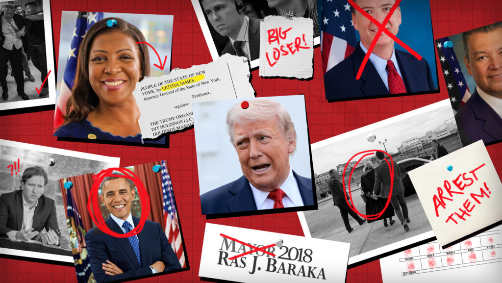 Pictures of Trump and his perceived political opponents along with court documents and red scribbles.
