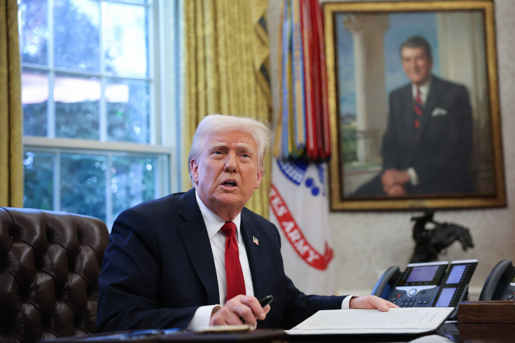 U.S. President Donald Trump speaks to the press after signing an executive order in the Oval Office of the White House on March 26, 2025. (Photo by Win McNamee/Getty Images)