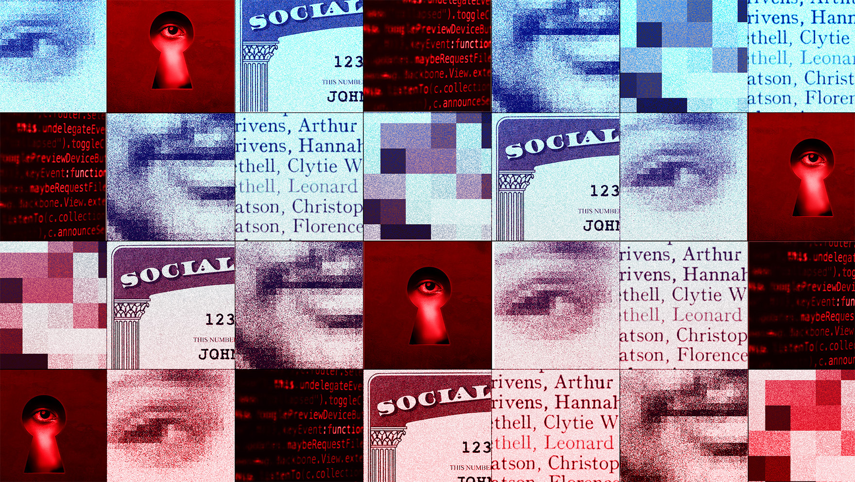 A collage of images in a checkerboard pattern featuring pieces of a Social Security Card, people's eyes, people's mouths, and voter registration lists.