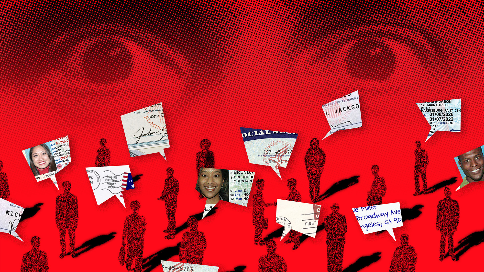 A big pair of eyes drenched in red looks over shadows of people with fragments of social security cards and driver's license above their figures.