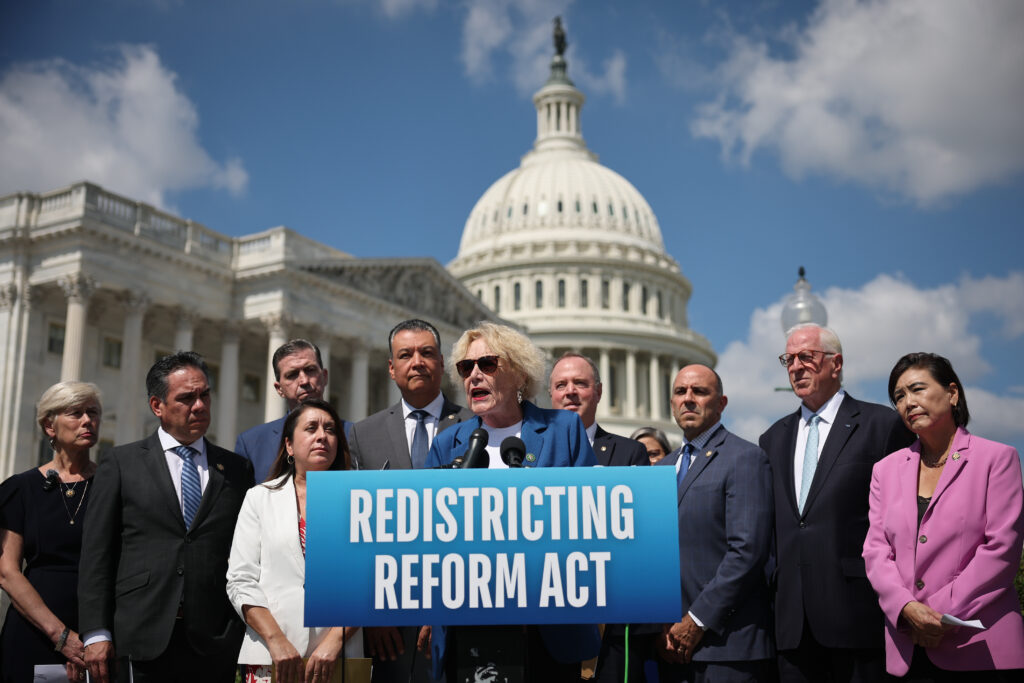 Rep. Zoe Lofgren (D-CA) speaks during a press conference outside the U.S. Capitol September 18, 2025 in Washington, DC. Lofgren joined Democratic members of the House and Senate as they announced the introduction of bicameral legislation attempting to stop Republican efforts to redraw congressional districts in their favor before the upcoming midterm elections scheduled for 2026. (Photo by Win McNamee/Getty Images)